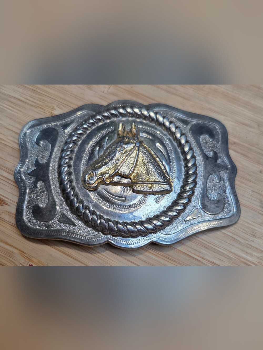 Vintage Western Horse Head Two-Tone Belt Buckle Silver and Gold